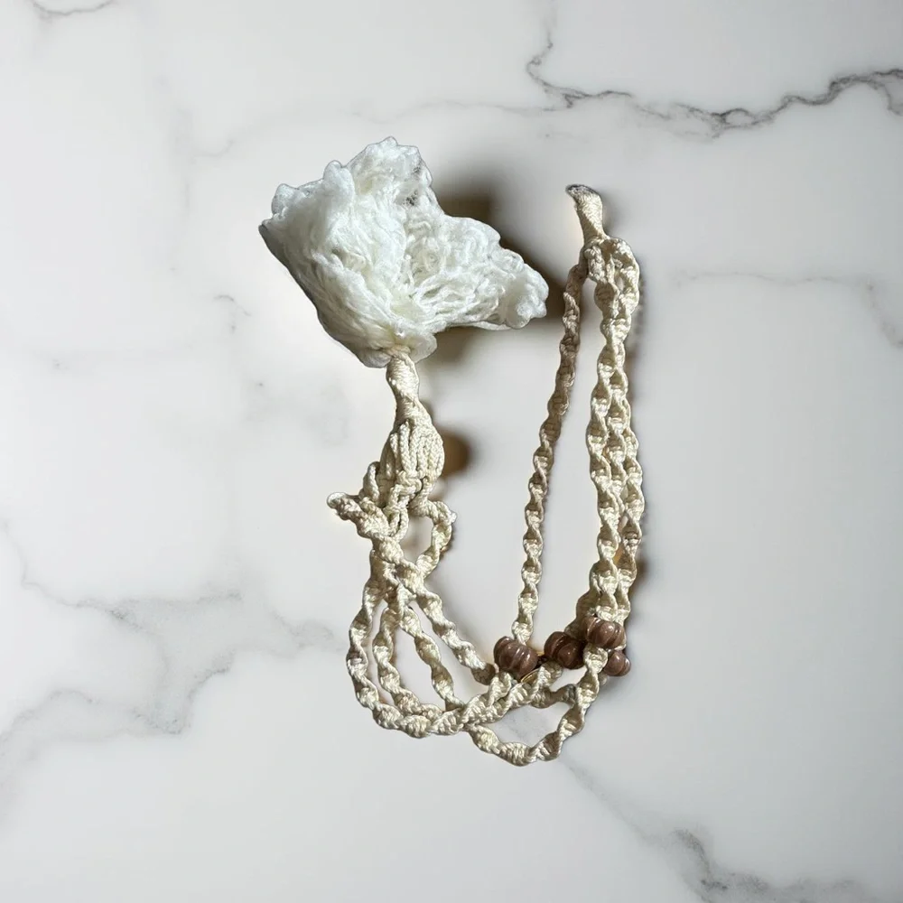 Vintage 70s Macrame Plant Hanger Wood Beads Boho Hippie Cream Ivory [Length]